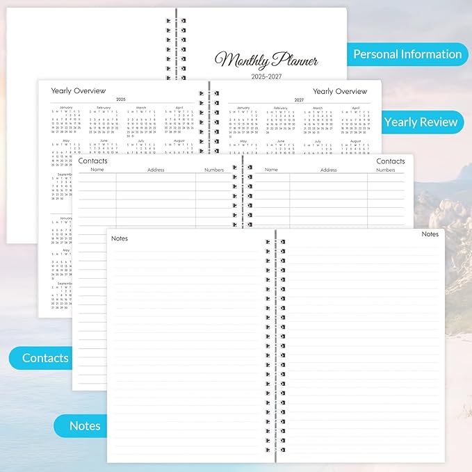Monthly Planner 2025-2027, Monthly Calendar July 2025 - December 2027, A5 Planner 2025-2026 with Coil, 5.9'' x 8.4'', Perfect for Office School Supplies Organizing Planning - Beach
