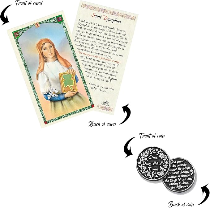Trendzeen St Dymphna Prayer Card - with Book Mark, One Day At A Time Pocket Token, The Lord's Prayer - Catholic Patron Saint - 4 Items in Set