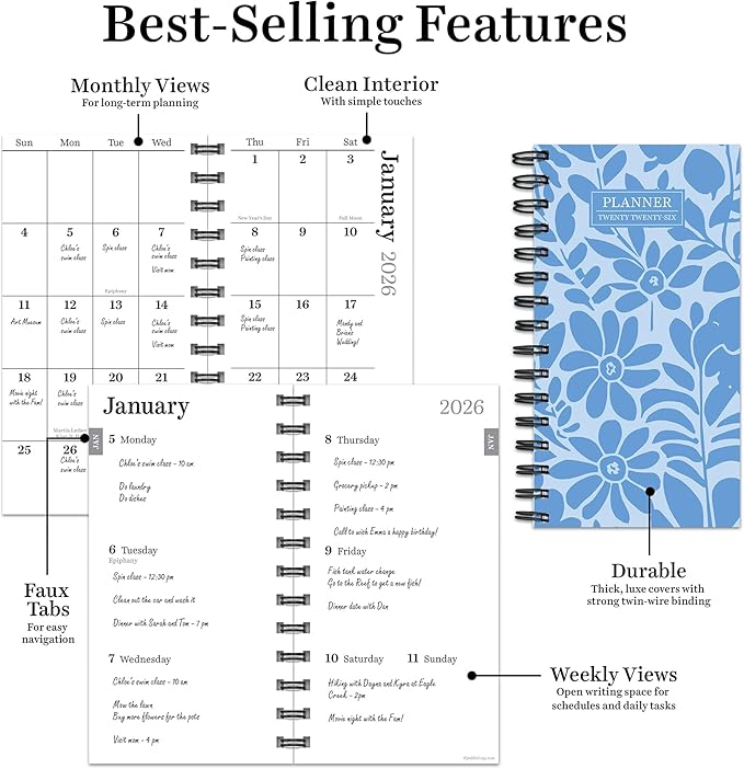 TF Publishing 2026 Blue Blooms Small Weekly Monthly Planner with 2-Page Monthly Calendar Grid, Weekly Planning Pages, and Lined Notes Section in Back - Mini Planner for Pocket or Purse - 3.5in x 6.5in