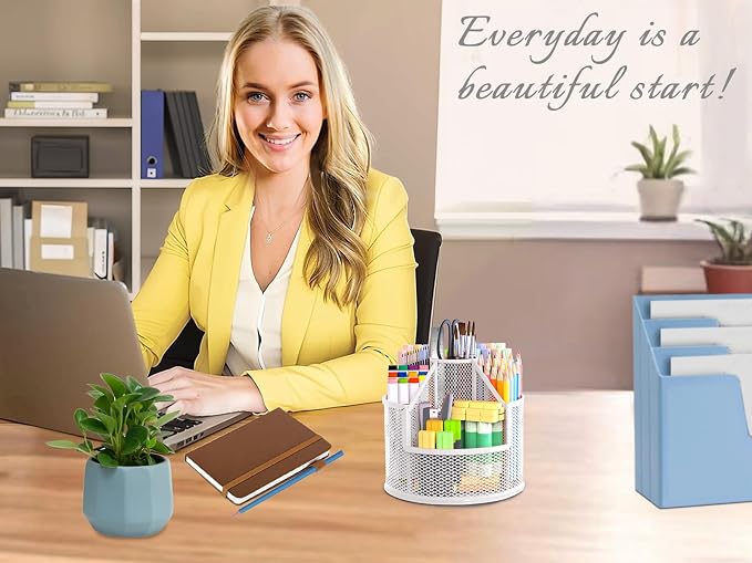 Sturdy Rotating Pen Holder, Cute Metal Pencil Holder, Large Mesh Pen Organizer for Desk, Premium Friendly Office Desk Accessories & Workspace Organizers, White