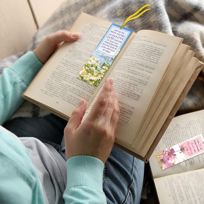 Spakon 120 Pcs Landscape Bible Verse Inspirational Bookmarks Scripture Christian Motivational Bookmarks Encouragement Verse Page Marker with Colorful Ribbons Gifts for Women Men Church Office Supplies
