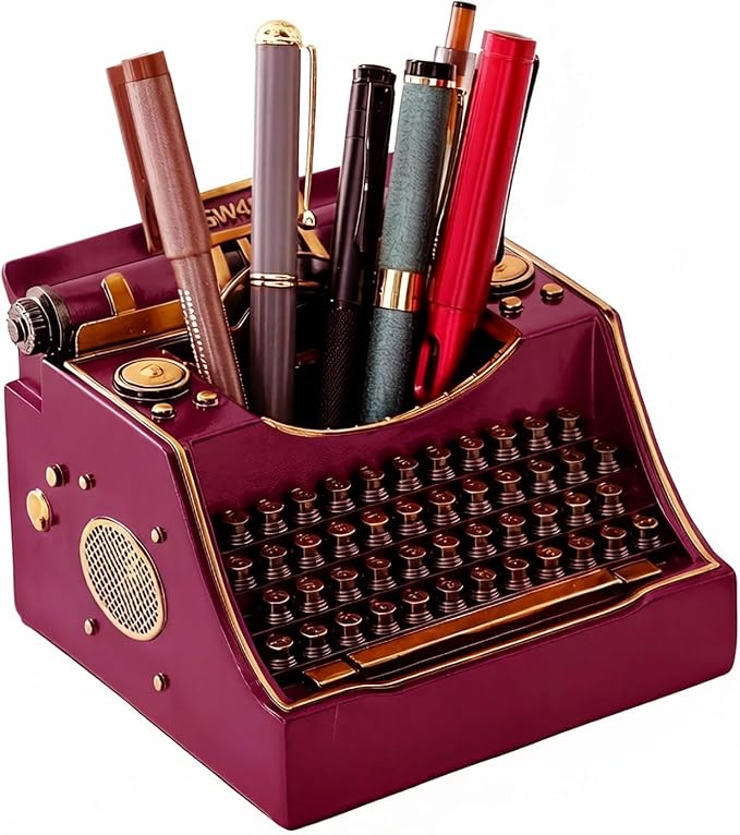 Retro Typewriter Pen Holder Decorative Resin Vintage Pencil Holders Desk Organizer for Writer's Desk (Purple)