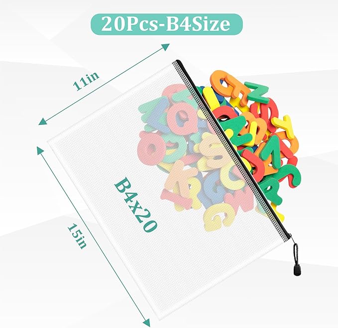 20pcs Mesh Zipper Pouch Bags, B4 Sizes Zipper Pouch, Mesh Bags with Zipper, Plastic Zipper Pouches for Organizing, Puzzles, Travel, School Office Organize