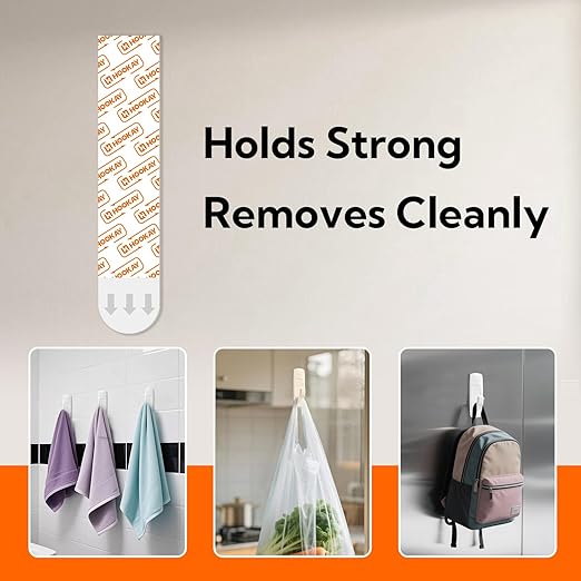 hookay Upgrade Large Refill Adhesive Strips for Indoor Wall Hooks, Damage-Free Hanging, No Tools Removable Adhesive Strips for Large Decor, Living Spaces & Bathroom, 20 White Strips