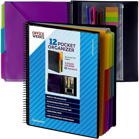 Performore - 12 Pocket Spiral Subject Organizer with 6 Dividers, Folder Organizer Spiral Binder with Front Cover Pocket and Customizable Cover, Erasable Write On Tabs for Documents Files Projects