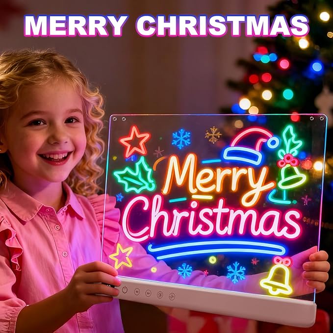 Cosmody Rechargeable LED Drawing Board for Kids, Large 16" Light Up Drawing Pad with 8 RGB Colors & 6 Dynamic Modes, Neon Art Dry Erase Board with Tracing Book & 7 Markers,Creative Gift for Girls Boys
