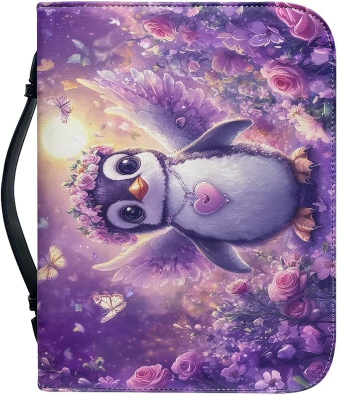 Cute Penguin Bible Carrying Case for Women Purple Flower Bible Cover Case Bible Case for Girls For Bible Study Accessories Supplies Christian Gifts for Women-Size XL