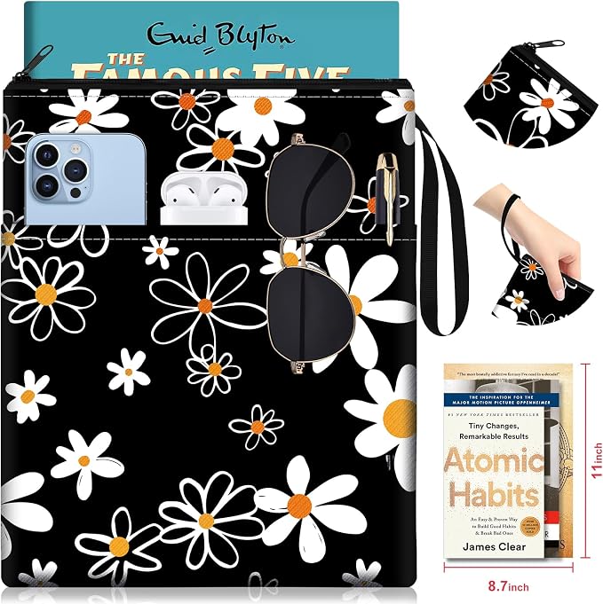 Slohif Book Sleeve Pouch Book Cover Protector with Zipper Cute Daisy Flower Book Beau Booksleeve Small Large Pouches for Paperback HardBook Cover Reading Accessories for Students Women Readers