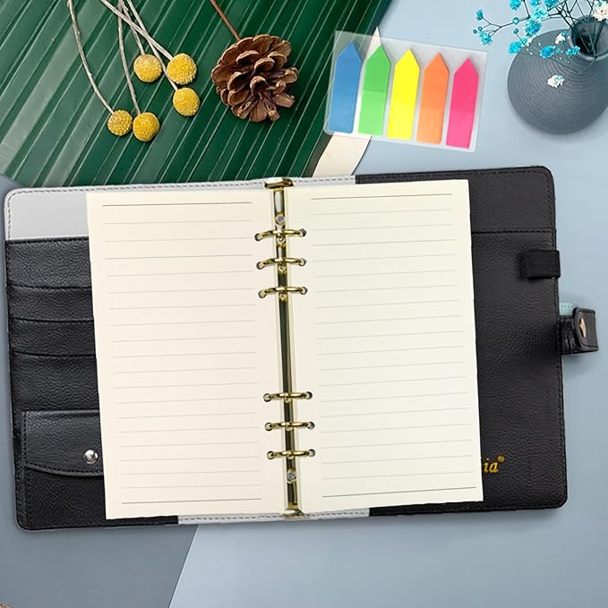 Harphia A6 6 Holes Binder Refill Value Set, 90 Sheets Ruled Line Planner Insert, 5 Sheets Binder Paper Dividers, Translucent Planner Pocket, PVC Binder Card Bag, 200Pcs Colorful Index Stickers