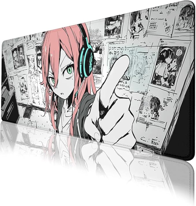 Anime Girl Gaming Mouse Pad Desk Pad Red Hair Headphones Sketch Style Mousepad XL Large Gaming Mousepad Laptop Keyboard Mat Desk Pad Office Computer Keyboard Laptop Home 31.5"x11.8"