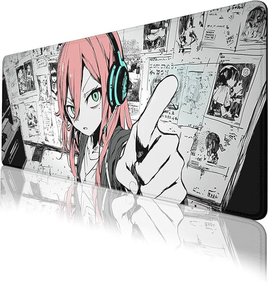 Anime Girl Gaming Mouse Pad Desk Pad Red Hair Headphones Sketch Style Mousepad XL Large Gaming Mousepad Laptop Keyboard Mat Desk Pad Office Computer Keyboard Laptop Home 31.5"x11.8"
