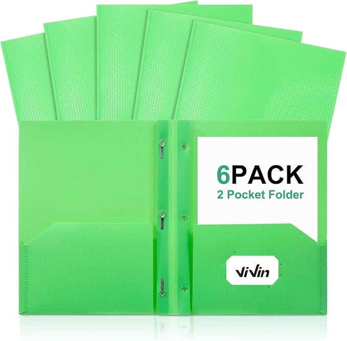 ViVin Sturdy Plastic Folder with Pockets,6 Pack,Heavy Duty Two Pocket 3 Prong Folders,Holds Letter Size Paper,File Folders with Business Card Slot for School Home and Office(Green)