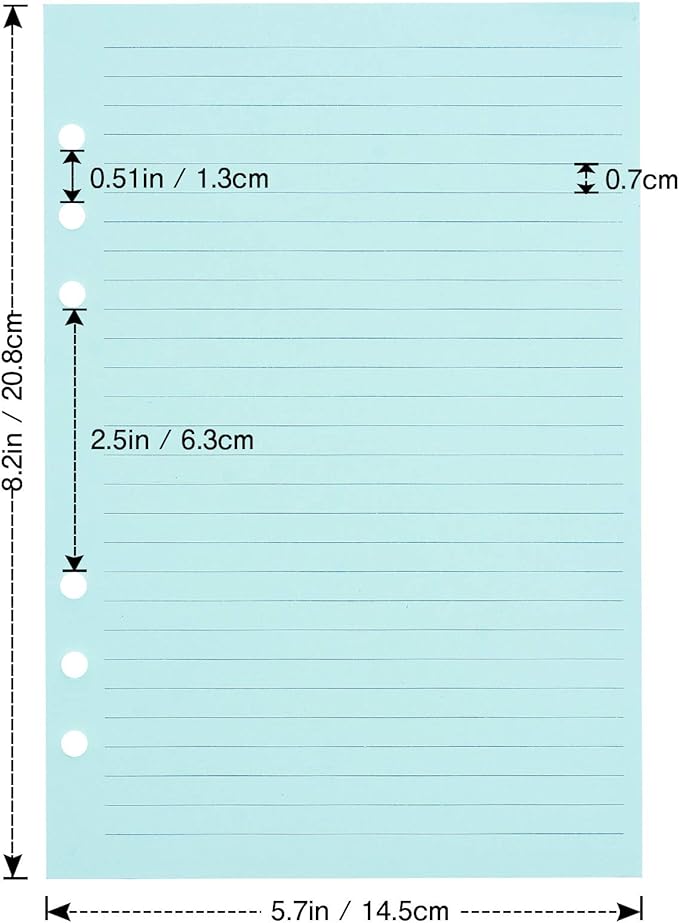 Lined Refill Paper, 200 Colored Ruled Pages for A5 Refillable 6-Ring Binder Notebook Journal Planner Organizer Insert, 120 GSM Thick Loose Leaf Paper