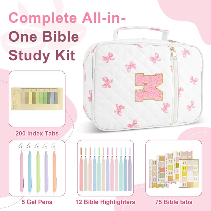 Personalized Initial Bible Cover Case for Women Girls Kid - Large Quilted Bible Case with Handle,Chenille Letter Bag Study Supplies,Christmas Gifts for Christians Birthday Graduation(Pink Bow-M)