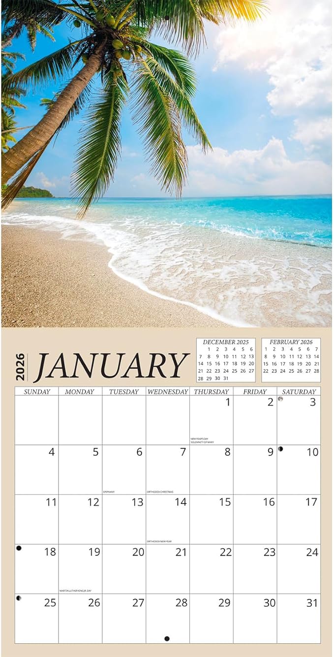Tropical Beaches Calendar 2026 - Sandy Beaches 2026 Wall Calendar, Includes 100+ Reminder Stickers | 12" x 24" Open | Giftable | Made in The USA