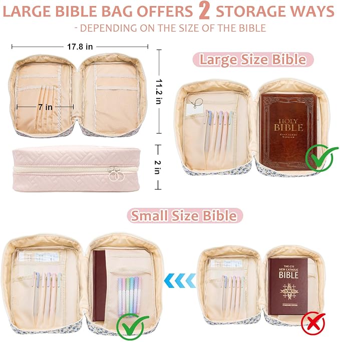 Bible Cover Case For Women,Large Bible Bag with Study Supplies,Pink Quilted Bible Carrying Case for Girls,Portable Bible Case with Highlighter, Pens,Tabs,Bible Study Gifts for Women