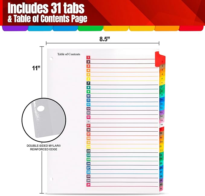 Tab Dividers for 3 Ring Binders – 6 Sets, 1–31 Numbered Index Dividers with Table of Contents – 8.5 x 11 in, 3-Hole Punched – Binder Dividers for School, Office, Filing, Organizing - 6 Pack