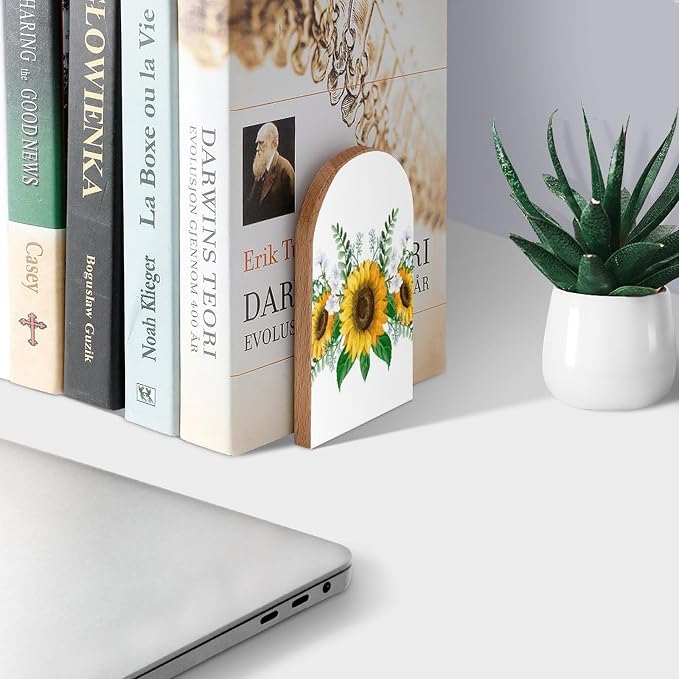 Sunflowers Bouquet Wild Flower Book Ends Decorative Wood Bookends for Shelves Kids Room Desk Home Office Book Stoppers for Magazines,Books, DVDs, 1 Pair/2 Pieces(5x3.1 in)