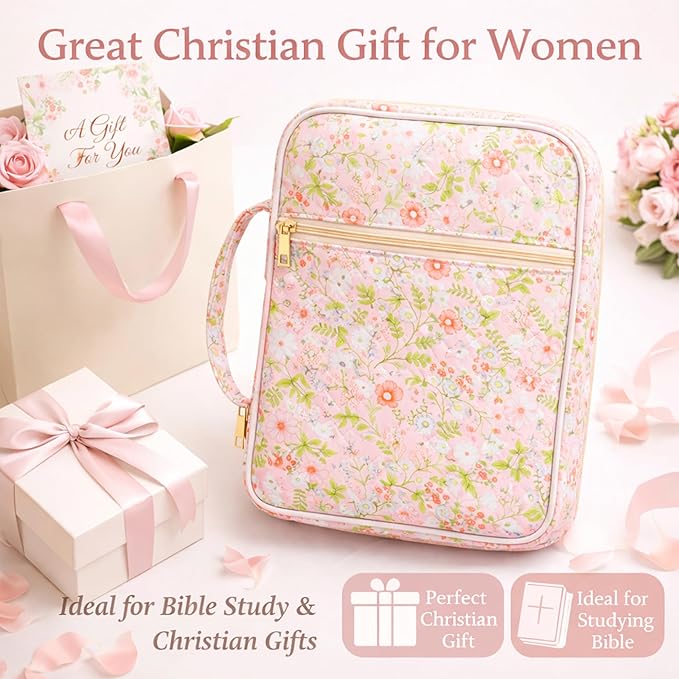 Bible Bag for Women, Bible Cover Case with Study Supplies,Large Quilted Bible Bag with Handle and Zipper, Suitable for Christian Books-Christian Gift for Girls(Small Flowers)
