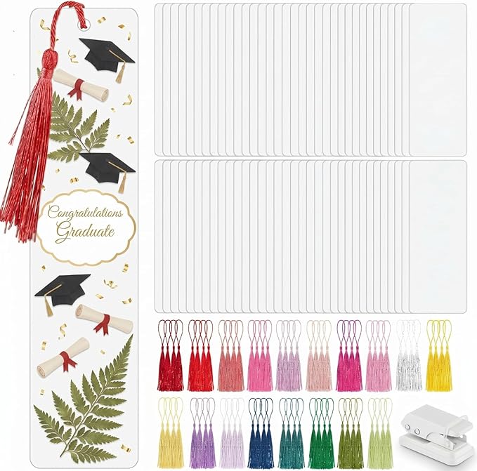 Fuyoooo 301 Pcs DIY Bookmark Making Kit 150 Bookmark Laminating Pouches 5 Mil Hot Laminator Sleeves with 150 Rainbow Tassels and Puncher Fit Most Pouch Laminating Machines(2.36 x 8.5 Inches)