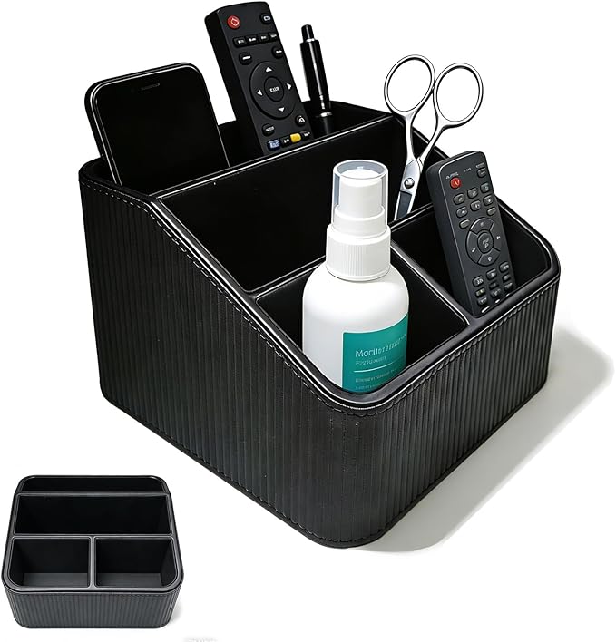 4-Compartment Remote Control Holder, PU Leather Remote Control Caddy & Small Desk Organizer, Stylish Multifunctional Desktop Organizer for Home Nightstand Office Supplies (Black)