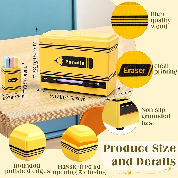 Gueevin 2pcs Pencil Dispenser for Classroom, Fun Desk Organizer with Eraser Holder, Interactive Pencil Storage for Teachers, Students & Homeschool Desk Organizer, Back to School Supplies(Yellow)