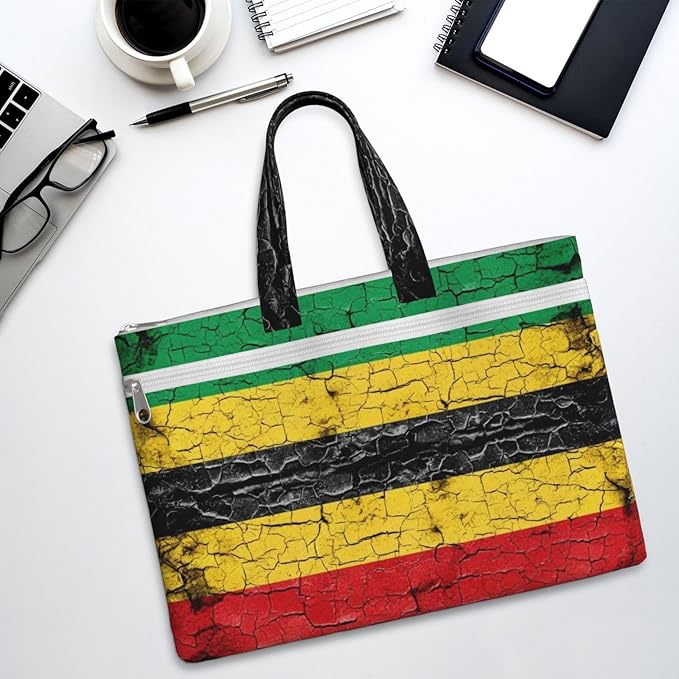 Foldable Canvas Zipper File Pouch Red Yellow Green Rasta Flag Stripes, Waterproof Document Storage Bag with Handle for Office Cross Stitch
