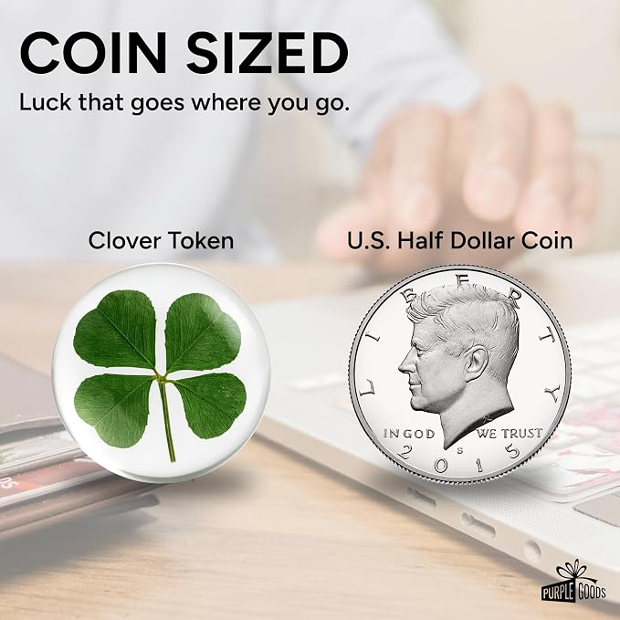 Real Four Leaf Clover Pocket Token Gift Set - Lucky Token, U.S Half Dollar Coin Sized - Genuine 4 Leaf Clover Good Luck Charm - Perfect as Good Luck Gifts (2 Pack)