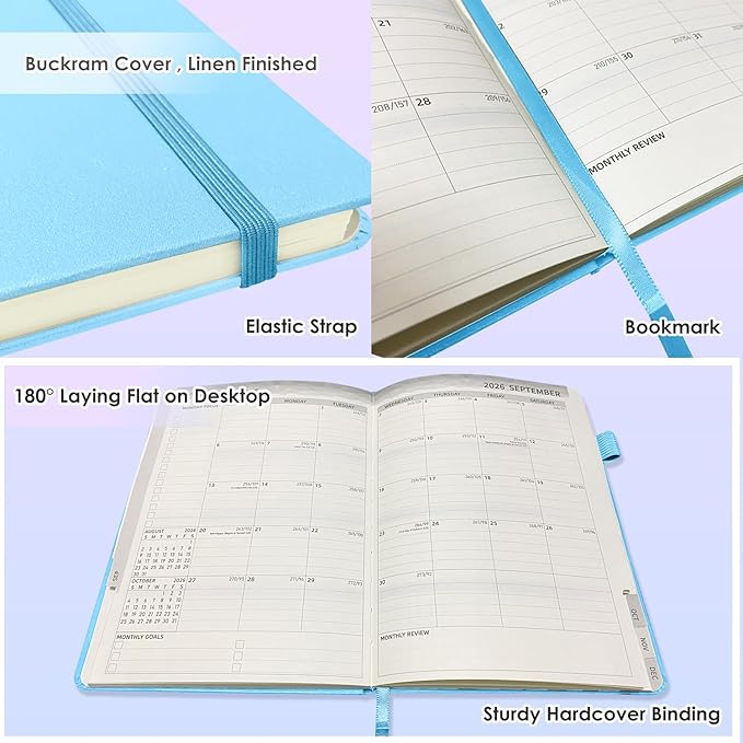 TIIKKASI 2026 Calendar Year Planner Weekly Monthly (Jan - Dec) 6'' x 8.5'' - Lined Journal Notebook Minimalist Agenda Notes, Linen Cloth Book Bound Hard Cover, For School Business Office, Blue