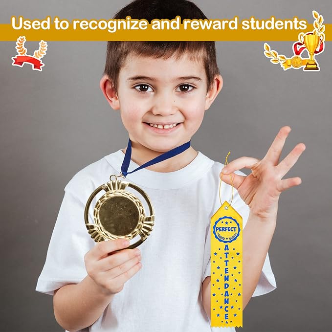 Taiyin 200 Pcs Award of Perfect Attendance Award Ribbons Prize Perfect Attendance Ribbon with Event Card and Rope for Kids Competition, Sports Event, Contests, School, Office Team