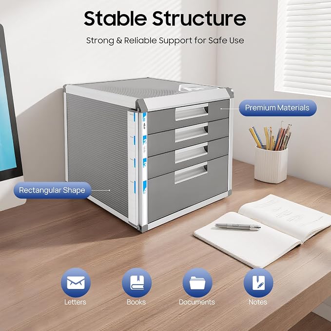 File Cabinet with Drawers Office Document Storage Box Filing Organzier Lockable Desktop Drawer Organizer for Papers Mail Notebooks Stationery (4-layer)