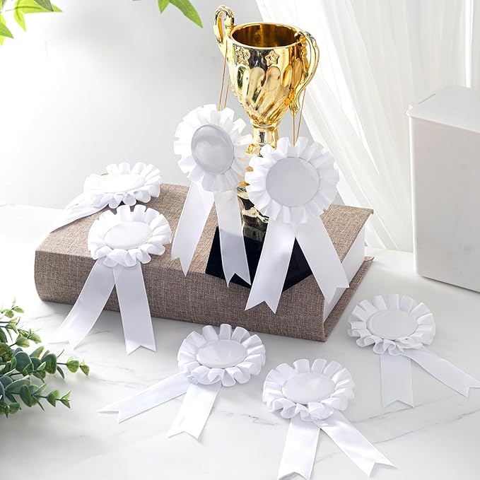 Henoyso 18 Pcs Blank Award Ribbon 1st Place Rosette Prize Award Medals Ribbons Recognition Participation Badges for Competition DIY Party Accessory Science Fair Talent Show(White)