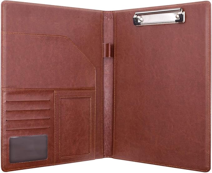 WAVEYU Leather Business/Resume Portfolio Organizer with Legal Pad Folder Clipboard, Interview Folder for Men/Women, Brown