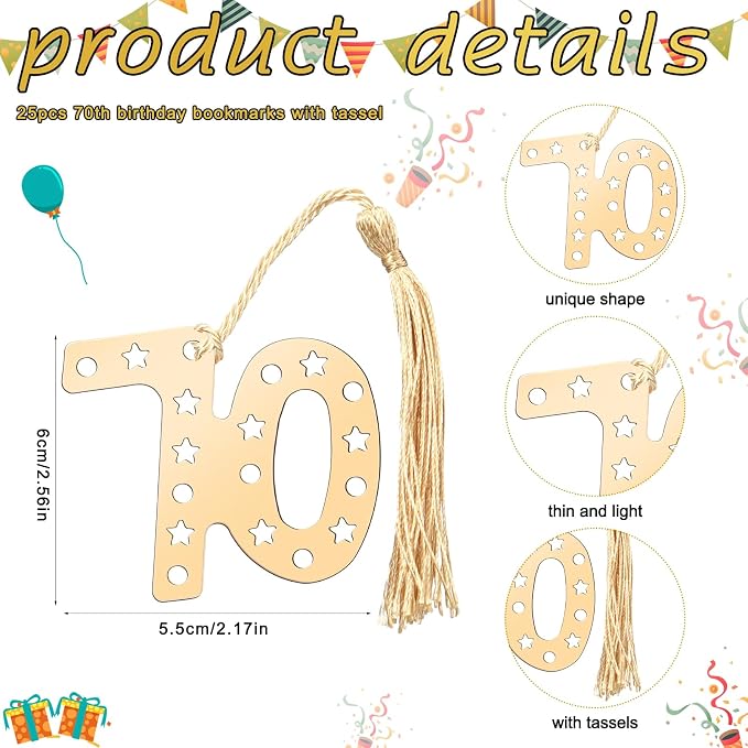 Spakon 25 Set 70th Birthday Party Favor for Guest Anniversary Party Favor Golden Birthday Bookmark Thanks Coming Pen with Tag Appreciation Gifts for Women Men Wedding Anniversary