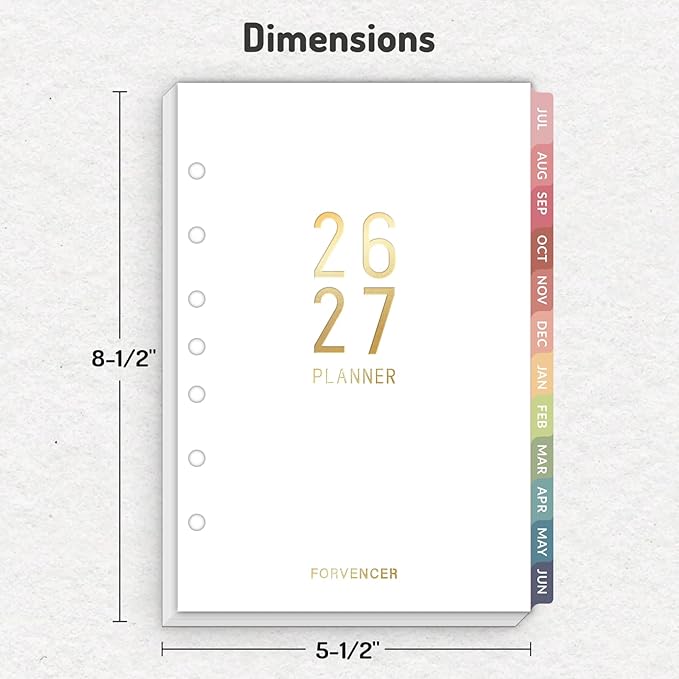 2026 Weekly & Monthly Planner Refills for A5 7-Ring Binders, July 2026 - Jun 2027, Forvencer 7-Hole Punched Planner Inserts with Colorful Monthly Tabs, Small Calendar Organizers, 5-1/2" x 8-1/2"