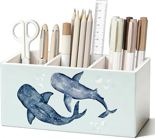 Blue Whale Shark Beach Pen Pencil Holder for Desk, Whale Shark Gifts, Beach Office Decor, Coastal Ocean Marine Biology Wooden Box Sign Decorations for Home Office Desk Tabletop