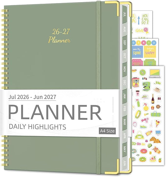 Academic Planner 2026-2027 (8.5" x 11") - Weekly and Monthly Hardcover Calendar Planner (Jul. 2026 - Jun. 2027), Planning Agenda Book with Tabs, Inner Pocket and Sticker for Office & School, A4, Green