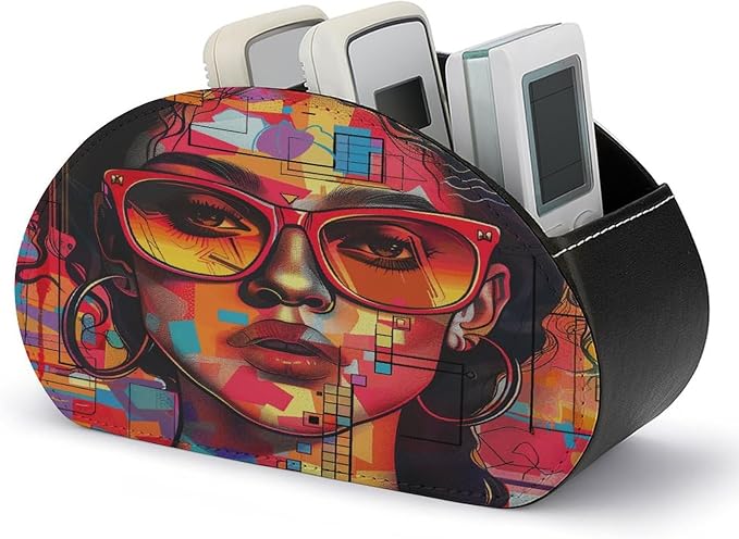 Remote Control Holder,Girl Wearing Sunglasses Printed PU Leather Remote Caddy Desktop Organizer with 5 Compartments for Media Accessories & Office Supplies Storage