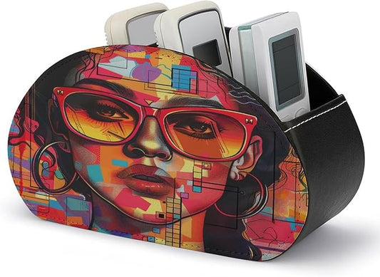 Remote Control Holder,Girl Wearing Sunglasses Printed PU Leather Remote Caddy Desktop Organizer with 5 Compartments for Media Accessories & Office Supplies Storage