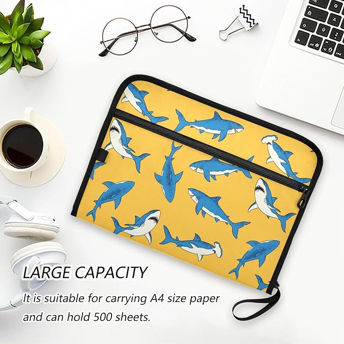 Hand-Drawn Sharks File Folders, Plastic Folders with 13 Pockets, Expandable File Folder for Documents School Students Office, Aesthetic Folder with Labels A4 Letter Size