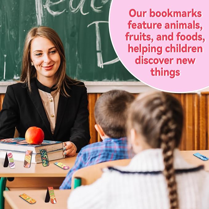 105 Pack Magnetic Bookmarks for Kids,Cute Page Markers,Back to School Gifts for Students Teachers，Easter Basket Stuffers 30 Styles(Fruit Food Animals)