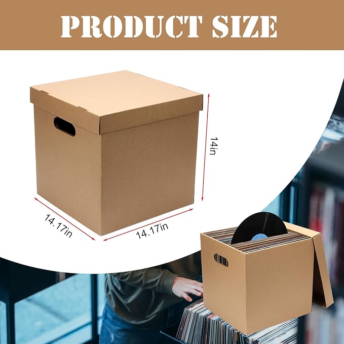 10 Pcs Cardboard Vinyl Record Storage Box, Stackable Moving Box with Handles and Lids, Sturdy Cardboard Crate Vinyl Record Crate for Storing Album Document File Folder Organizer