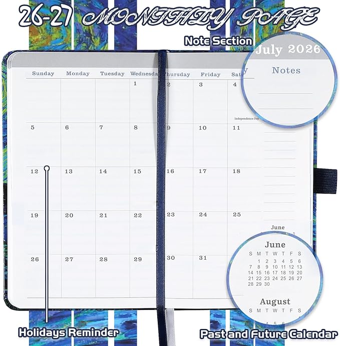 2026-2027 Pocket Planner/Calendar - 2026-2027 Calendar Weekly and Monthly from July 2026 - June 2027 with Spreads, 3.8" x 6.3", Pen Holder, Inner Pocket, Elastic Closure