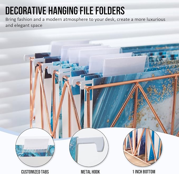 Y YOMA 6 Pack Decorative Hanging File Folders Letter Size Marble Cute Hanging Folder Pretty File Folder Organizer for Filing Cabinet Office Home with 1/5-Cut Adjustable Tabs, 3 Blue Marble Design
