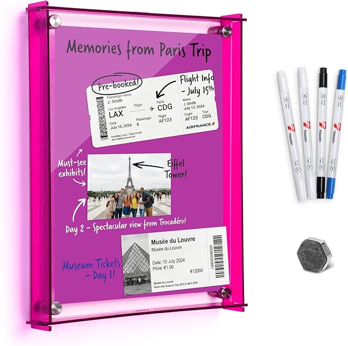 TOWON 9x12 Inch Acrylic Dry Erase Board Set, Acrylic Memo Whiteboard with Purple | 4 Dual-Tip Markers and Eraser, Modern Memo Display for Postcards, Photos & to-Do Lists for Home Office, Dorm