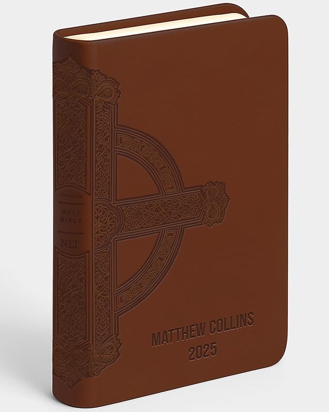 Personalized NLT Bible with Engraved Name, Brown Celtic Cross Large Print Premium Value Thinline, Faux Leather, New Living Translation