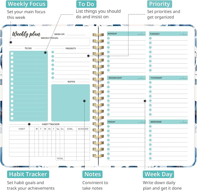 Taja Undated Weekly Planner, Weekly To Do List Notebook with Goal & Habit Tracker Organizer, A5 Weekly Planner Notebook with Spiral Binding, 6.1" x 8.2" - Blue Blossom