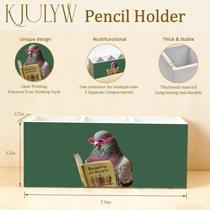 Funny Pigeon Pen Holder for Desk, Pigeon Lover Gifts, Humorous Bird Reading Book Wooden Box Toothbrush Holder Organizer for Bathroom Toilet Desk Accessories