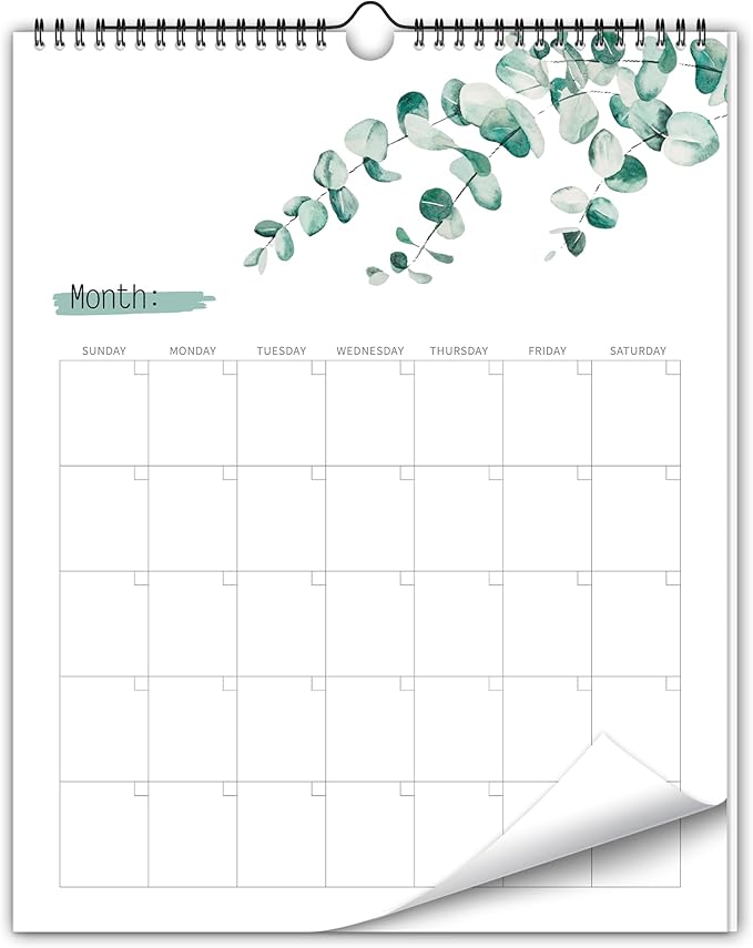 Aesthetic Wall Calendar, Blank Monthly Weekly Wall Calendar, 14.5"x 11.5", Undated Monthly Planner Note Pad for Organizing Home Office, Green Leaves