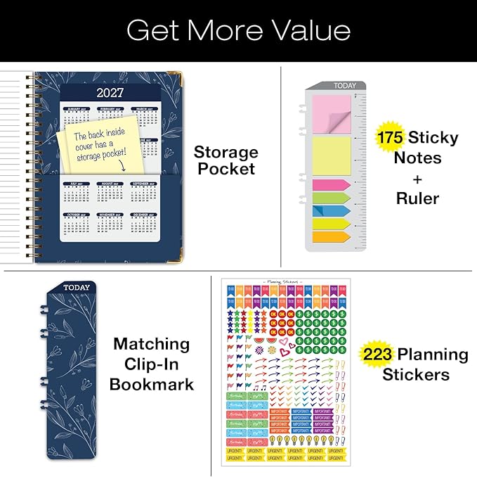 LARGE PRINT HARDCOVER 2026 Planner, 8.5"x11": 14 Months (November 2025 - December 2026), Daily Weekly Monthly Planner, Yearly Agenda, Bookmark, Pocket Folder and Sticky Note Set (Blueberry Vines)